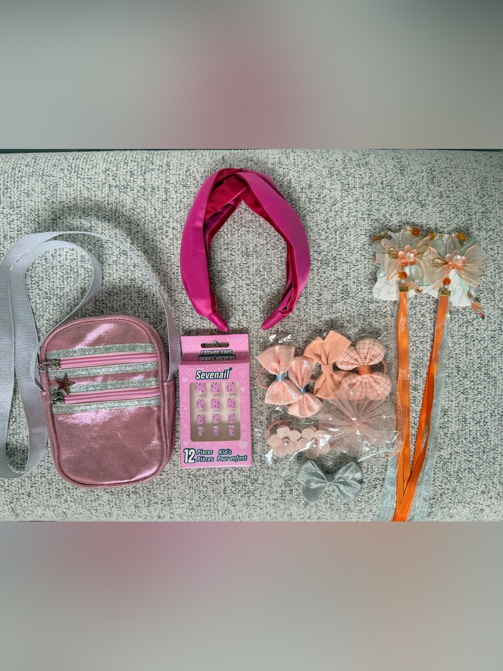 Girl’s Pink Accessory Bundle - Bag, Headband, Hair Bows, and Press-On Nails
